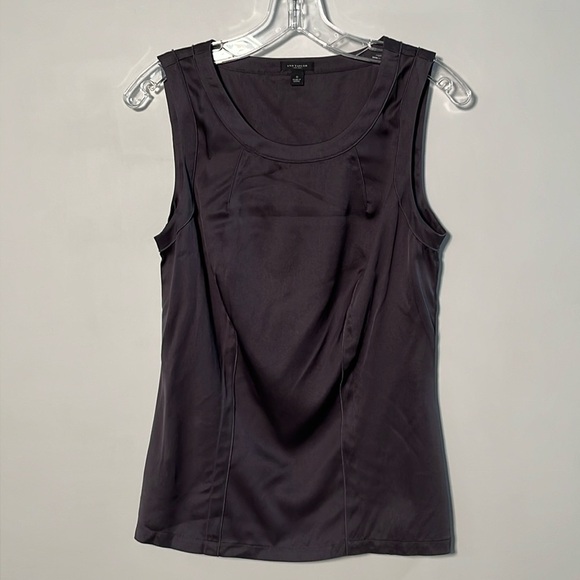 ANN TAYLOR Silk Blend Scoop Neck Seam Detail Gunmetal Grey Tank Blouse Top SZ - Picture 1 of 14